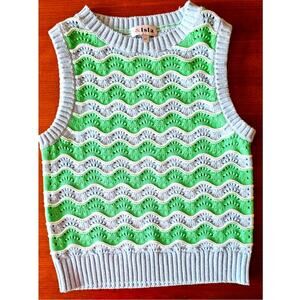 NWOT, AND ISLA, &ISLA Green & White stripe Chloe Wave Knit Vest, Size SP,